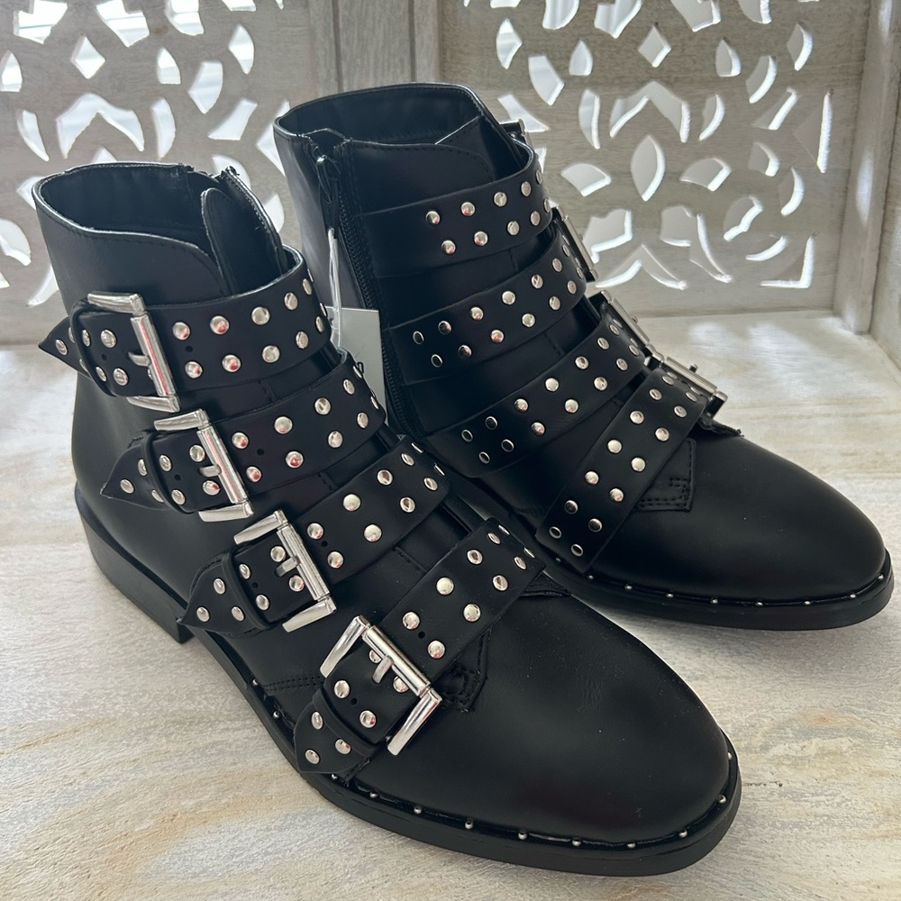 NWT Mossimo Supply Co. Black Studded Moto Boots Buckles Silver Metal 8.5 NEW